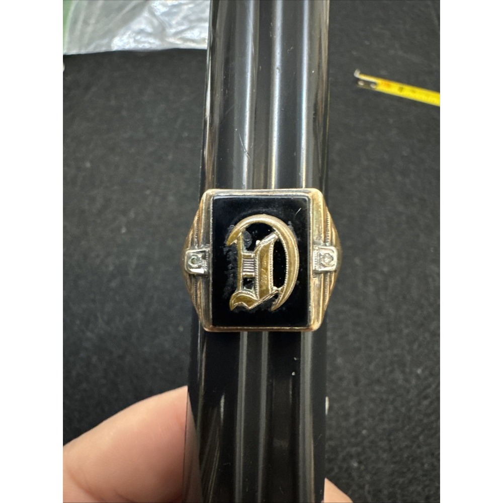 Art Deco Signet Onyx Sterling Silver 10K Ring Sz 10.5 Mens Unisex D Initial